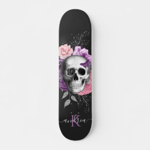 Skateboard Joli crâne floral Feuilles botaniques Nom Monogram