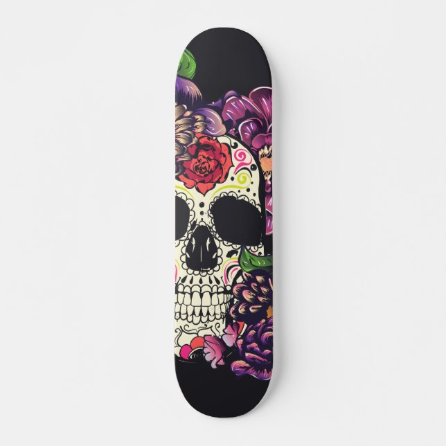 Skateboard Jour du crâne mort avec des fleurs (Devant)