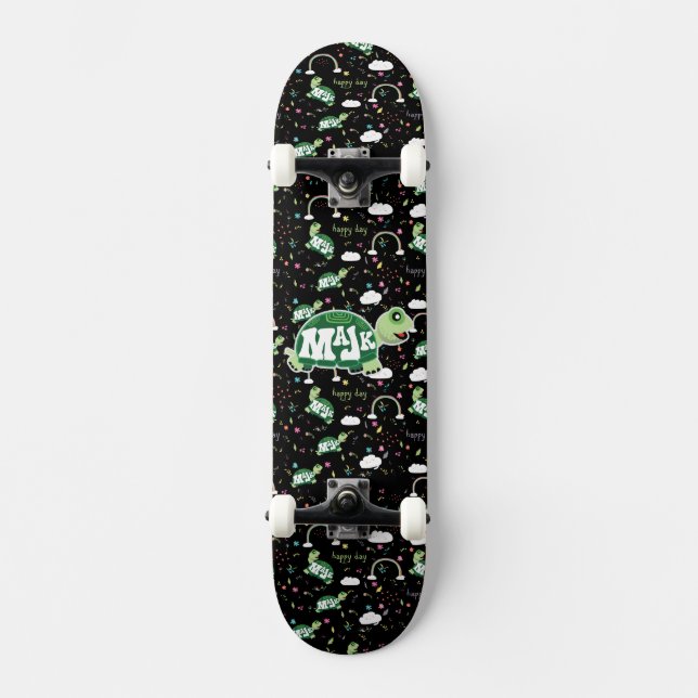 Skateboard "Joyeux Jour" Assemblé noir avec tortue/arc-en-cie (Recto)