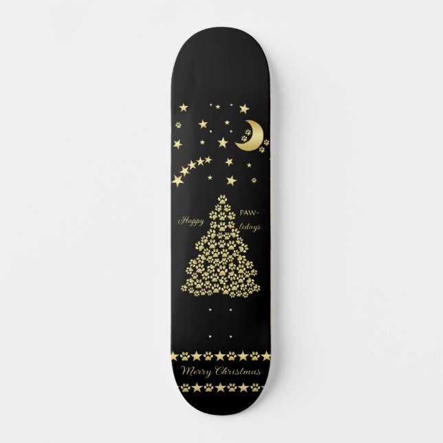 Skateboard Joyeux Pawlidays, Or brillant Paw sapin de Noël (Recto)