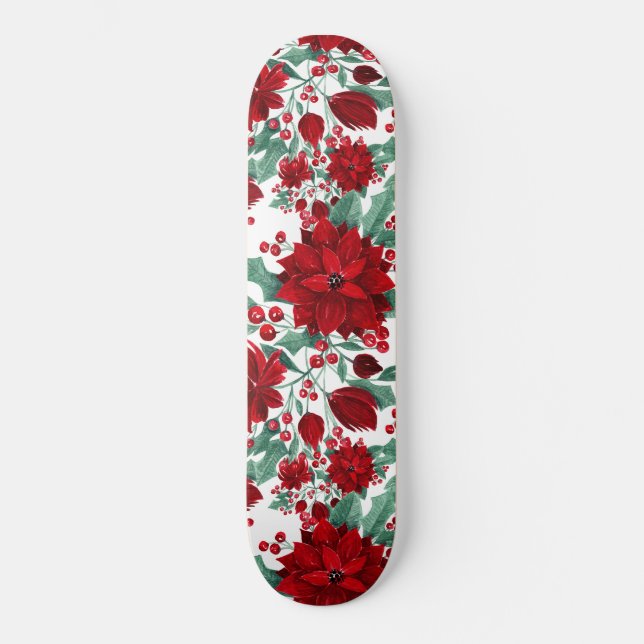 Skateboard Joyeux rouge Poinsettia Fleurs Feuilles ivoire Aqu (Recto)