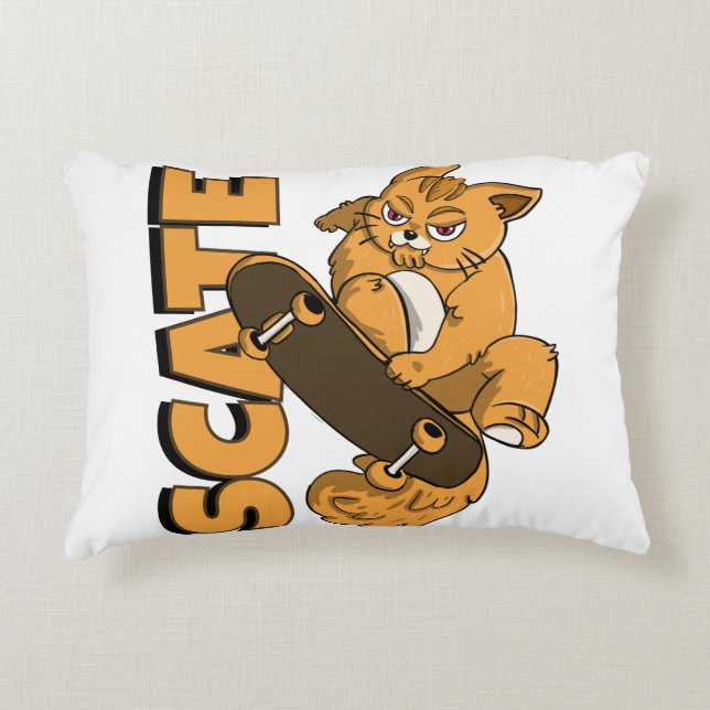  Skateboard Kitty – Orange Cat in Action Accent Pillow (Front)
