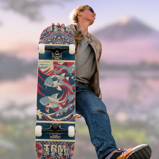 Skateboard Koi Fish with Red Blue Crazy Pattern Monogram (Créateur téléchargé)