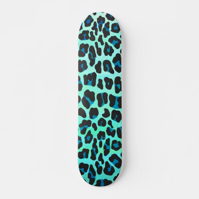 Skateboard Léopard noir et Turquoise (Devant)
