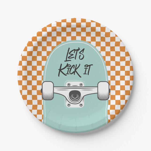 Skateboard Let's Kick It Birthday Paper Plates (Front)