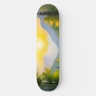 Skateboard Lever de soleil sur des montagnes enneigées et un