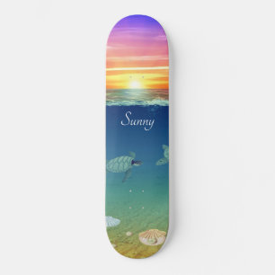 Skateboard Lever de soleil sur l'océan, tortue de mer et coqu