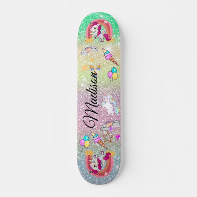 Skateboard licorne arc-en-ciel (Devant)