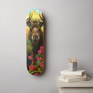 Skateboard L'orignal dans les bois avec des fleurs AI Art