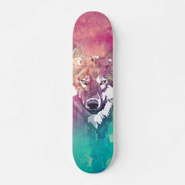 Skateboard Loup abstrait artistique d'aquarelle rose de (Devant)
