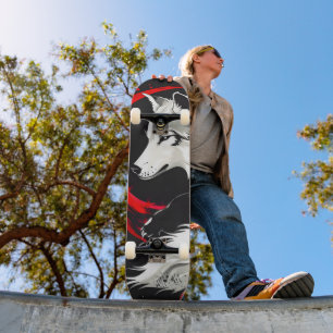 Skateboard Loup blanc rouge lunaire