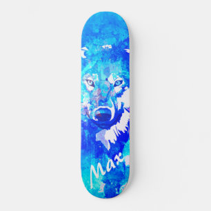Skateboard Loup d'eau blanc bleu turquoise moderne