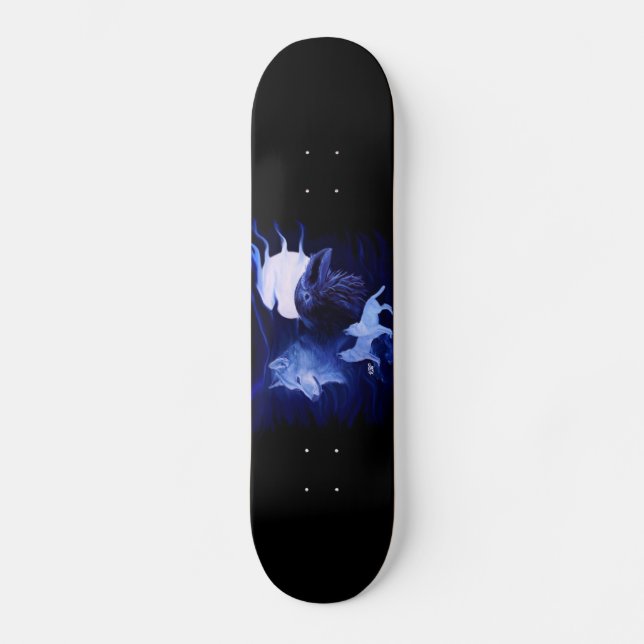 Skateboard Loup et corbeau avec pleine lune (Recto)