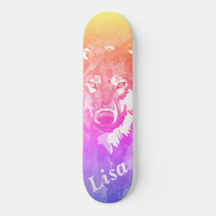 Skateboard Loup jaune violet orange abstrait d'aquarelle