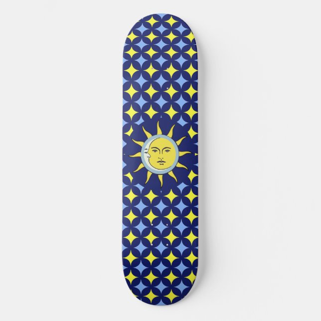 Skateboard Lune et soleil sur Motif bleu et jaune étoile (Recto)