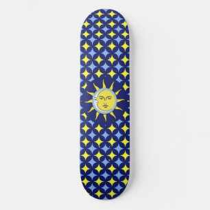 Skateboard Lune et Soleil sur motif étoile bleu et jaune
