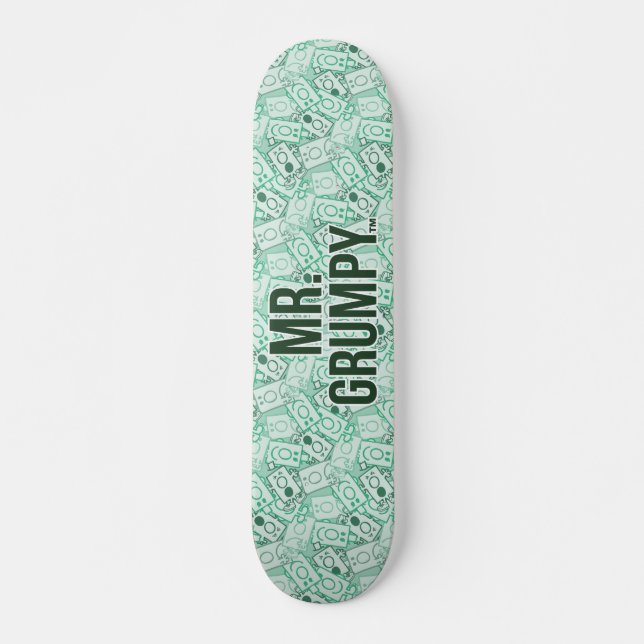Skateboard M. Grumpy | Nom vert et Motif de caractères (Devant)