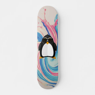 Skateboard Manchot Cool Avec Lunettes de Soleil Peinture Rose