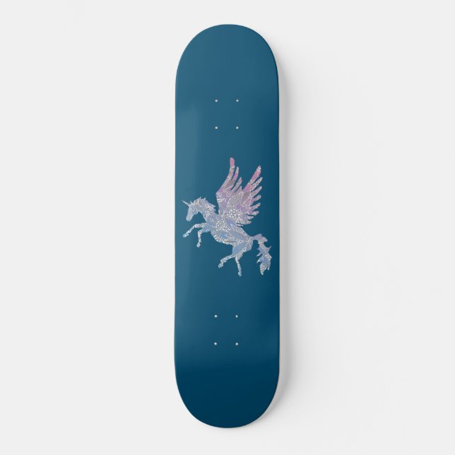 Skateboard Mandala bleu et rose Motif Unicorn Pegasus (Recto)