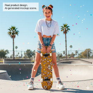 Skateboard Mandala Bohème à Motif Floral Doré