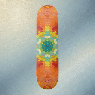 Skateboard Mandala Hexagonal Orange Jaune Rouge et Bleu