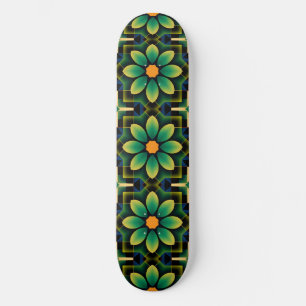 Skateboard Mandala Motif géométrique vert et jaune Floral