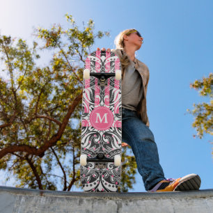 Skateboard Mandala rose chaud, noir et blanc - Monogramme