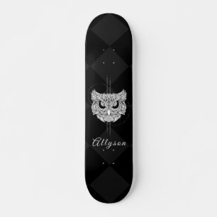 Skateboard Mandala Style Chouette & Filles Nom Noir Blanc Cla