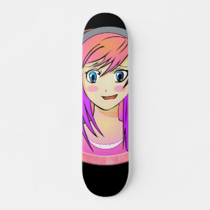Skateboard  Manga girl, pink hair, blue eyes, blush frame