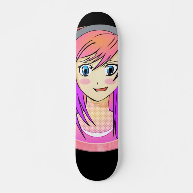 Skateboard  Manga girl, pink hair, blue eyes, blush frame (Devant)