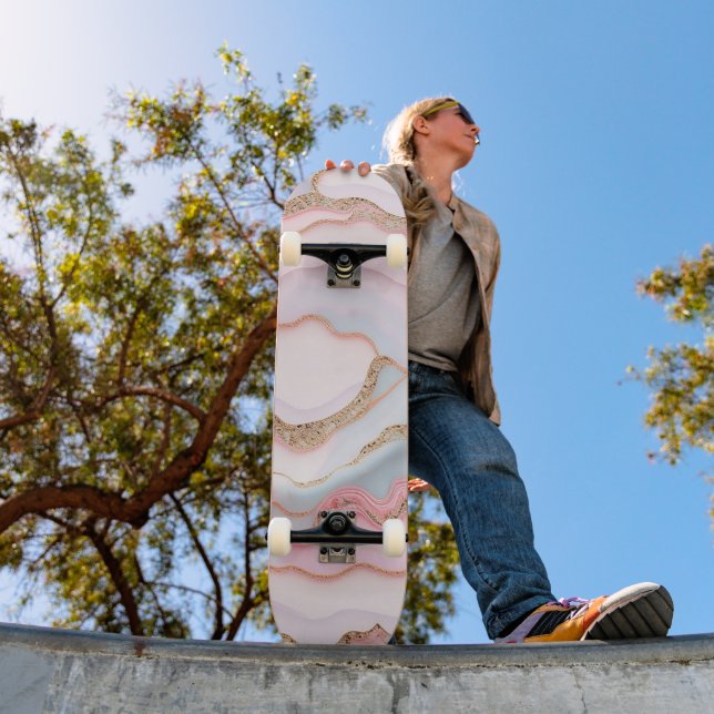 Skateboard Marbre Agate Moderne Bleu Rose Collection Or (Extérieur 1)