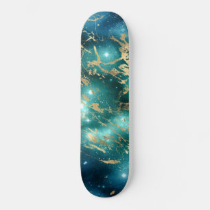Skateboard Marbre spatial noir nuit étoilée dorée verte