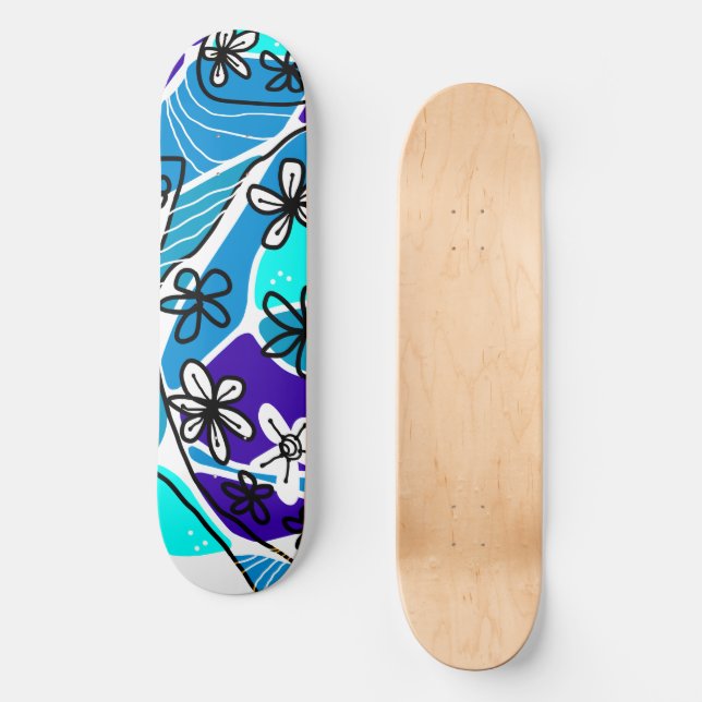 Skateboard Maximaliste Floral Neuro Art - Bleu Blanc (Recto)