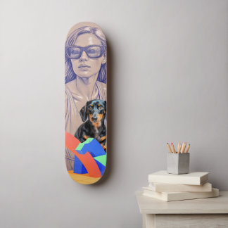 Skateboard Mixed Media Illustration of a Woman and Dachshund