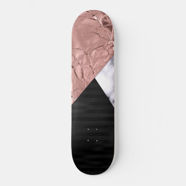 Skateboard Moderne Chic Rose Or Marbre Noir Géométrique (Recto)