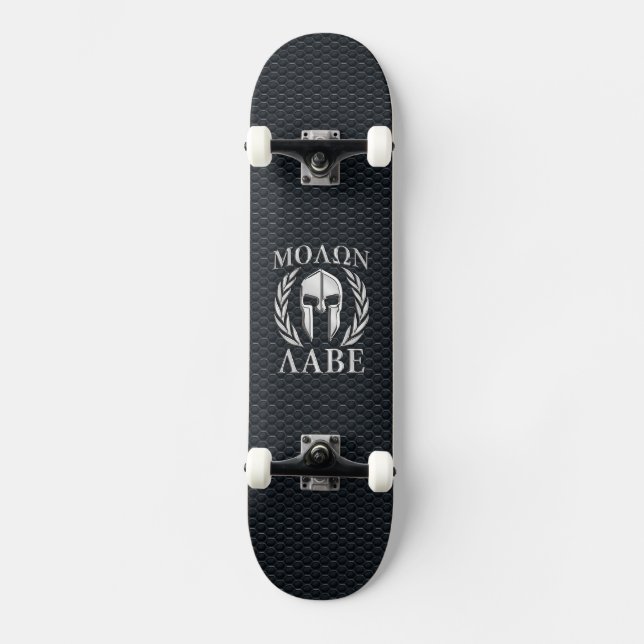 Skateboard Molon Labe Chrome Comme Casque Spartan sur Grille (Recto)