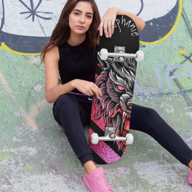 Skateboard Monogramme de tête de loup rose (Créateur téléchargé)