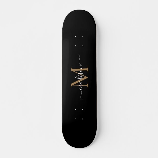 Skateboard Monogramme d'or noir fille Élégant Script moderne (Devant)