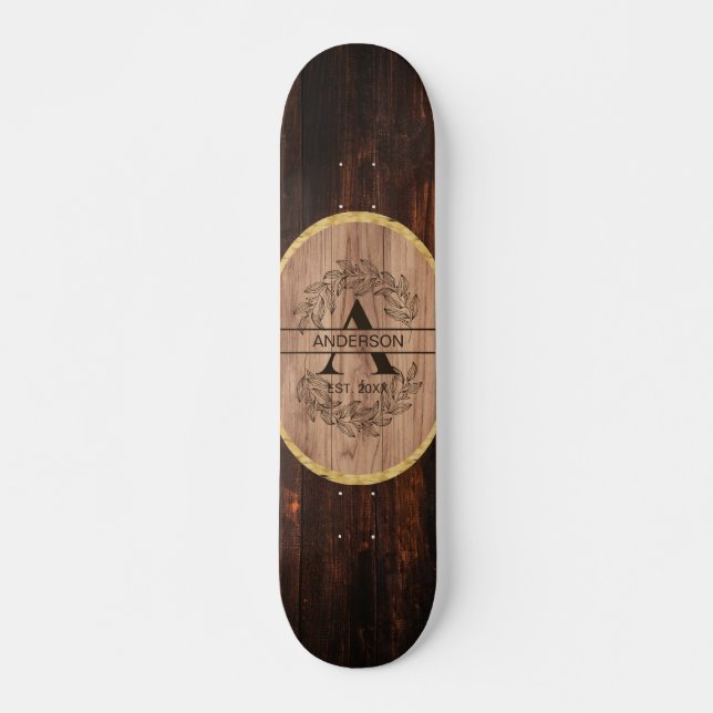 Skateboard Monogramme en bois rustique Nom de la famille pers (Devant)
