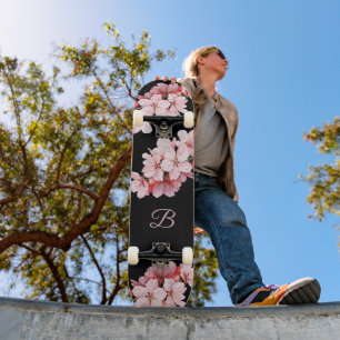 Skateboard Monogramme Fleur de Cerisier Floral Rose Noir 