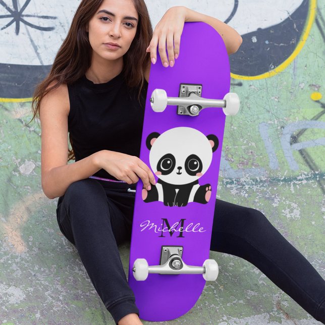 Skateboard Monogramme mignon Panda violet personnalisé (Créateur téléchargé)