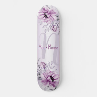 Skateboard Monogramme Nom Rose Floral Violet Violet Moderne