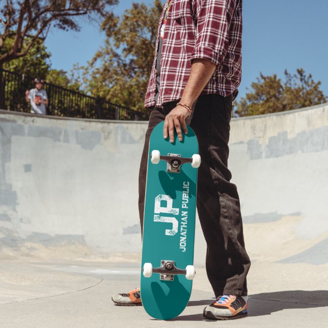 Skateboard Monogramme tendance Nom Turquoise bleu vert Modèle (Extérieur 2)
