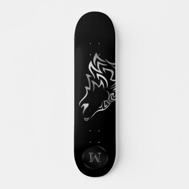 Skateboard Monogramme tribal de Wolf argenté noir (Devant)