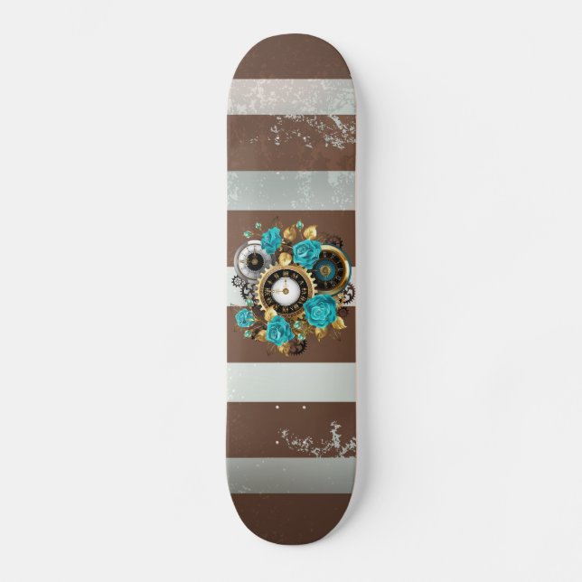 Skateboard Montre Steampunk et roses turquoise sur fond rayé (Recto)