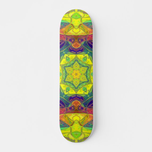 Skateboard Mosaic Mandala Fleur Jaune Bleu et Vert (Devant)