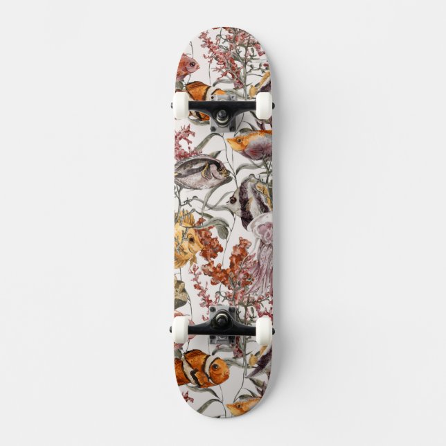 Skateboard Motif 2 de vie marine d'aquarelle (Recto)