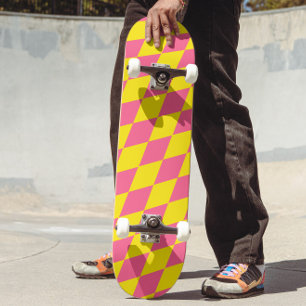 Skateboard Motif à carreaux Harlequin rose et jaune