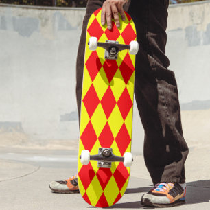 Skateboard Motif à carreaux Harlequin rouge jaune 