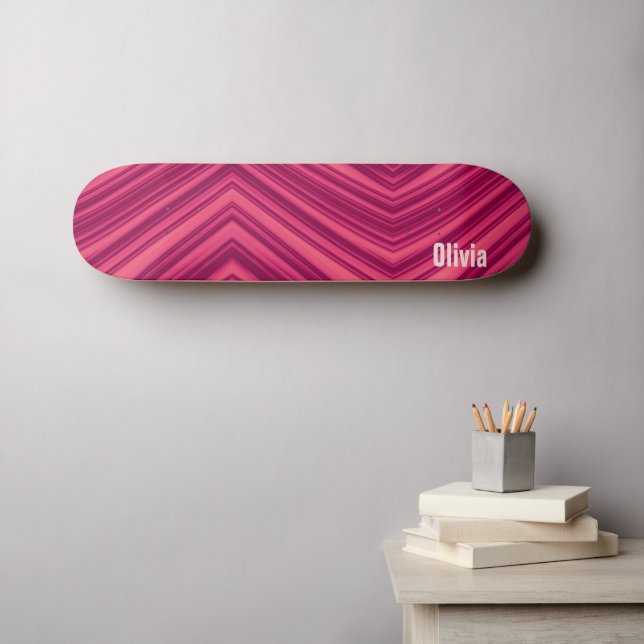Skateboard Motif Abstrait à rayures roses avec Modèle de nom (Art mural (Horz))
